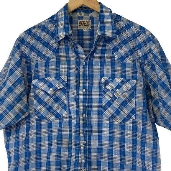 Ely Cattleman Mens Western Pearl Snap Shirt Metallic Blue Plaid Large 2999 SL - Picture 2 of 6